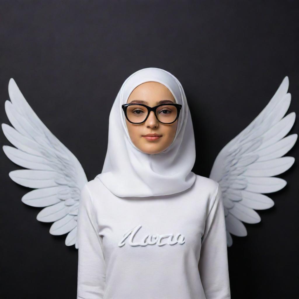 3D illusion of a cute 19-year-old girl named Maria with angelic wings, wearing a hijab and black glasses. Her name is visibly written on a black wall, represented in an impressive, vivid style.