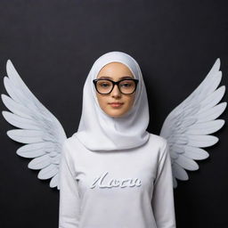 3D illusion of a cute 19-year-old girl named Maria with angelic wings, wearing a hijab and black glasses. Her name is visibly written on a black wall, represented in an impressive, vivid style.