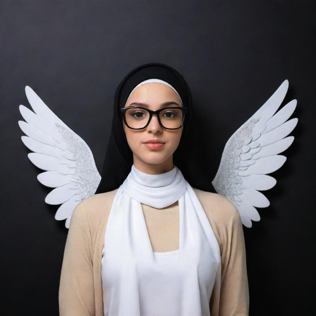 3D illusion of a cute 19-year-old girl named Maria with angelic wings, wearing a hijab and black glasses. Her name is visibly written on a black wall, represented in an impressive, vivid style.