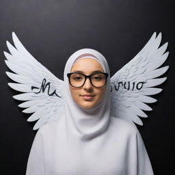 3D illusion of a cute 19-year-old girl named Maria with angelic wings, wearing a hijab and black glasses. Her name is visibly written on a black wall, represented in an impressive, vivid style.