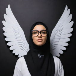 3D illusion of a cute 19-year-old girl named Maria with angelic wings, wearing a hijab and black glasses. Her name is visibly written on a black wall, represented in an impressive, vivid style.