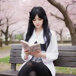 Anime-style woman with paper-white skin, black eyes, and black hair with white streaks, in the style of Diabolik Lovers. She is reading a book while sitting on a bench in a Japanese cherry blossom park.