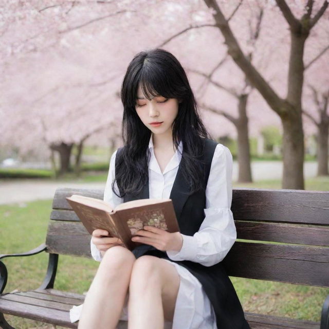 Anime-style woman with paper-white skin, black eyes, and black hair with white streaks, in the style of Diabolik Lovers. She is reading a book while sitting on a bench in a Japanese cherry blossom park.