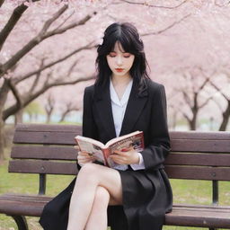 Anime-style woman with paper-white skin, black eyes, and black hair with white streaks, in the style of Diabolik Lovers. She is reading a book while sitting on a bench in a Japanese cherry blossom park.