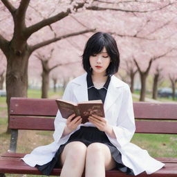 Anime-style woman with paper-white skin, black eyes, and black hair with white streaks, in the style of Diabolik Lovers. She is reading a book while sitting on a bench in a Japanese cherry blossom park.