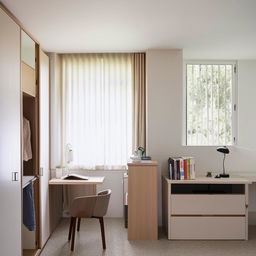 A room with window sitting area and study area and cupboard for clothes and books,vertical mirror,single bed