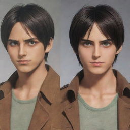 An image of the user transformed into Eren Yeager from Attack on Titan, depicting similar facial features, hair style, and clothing to Eren.