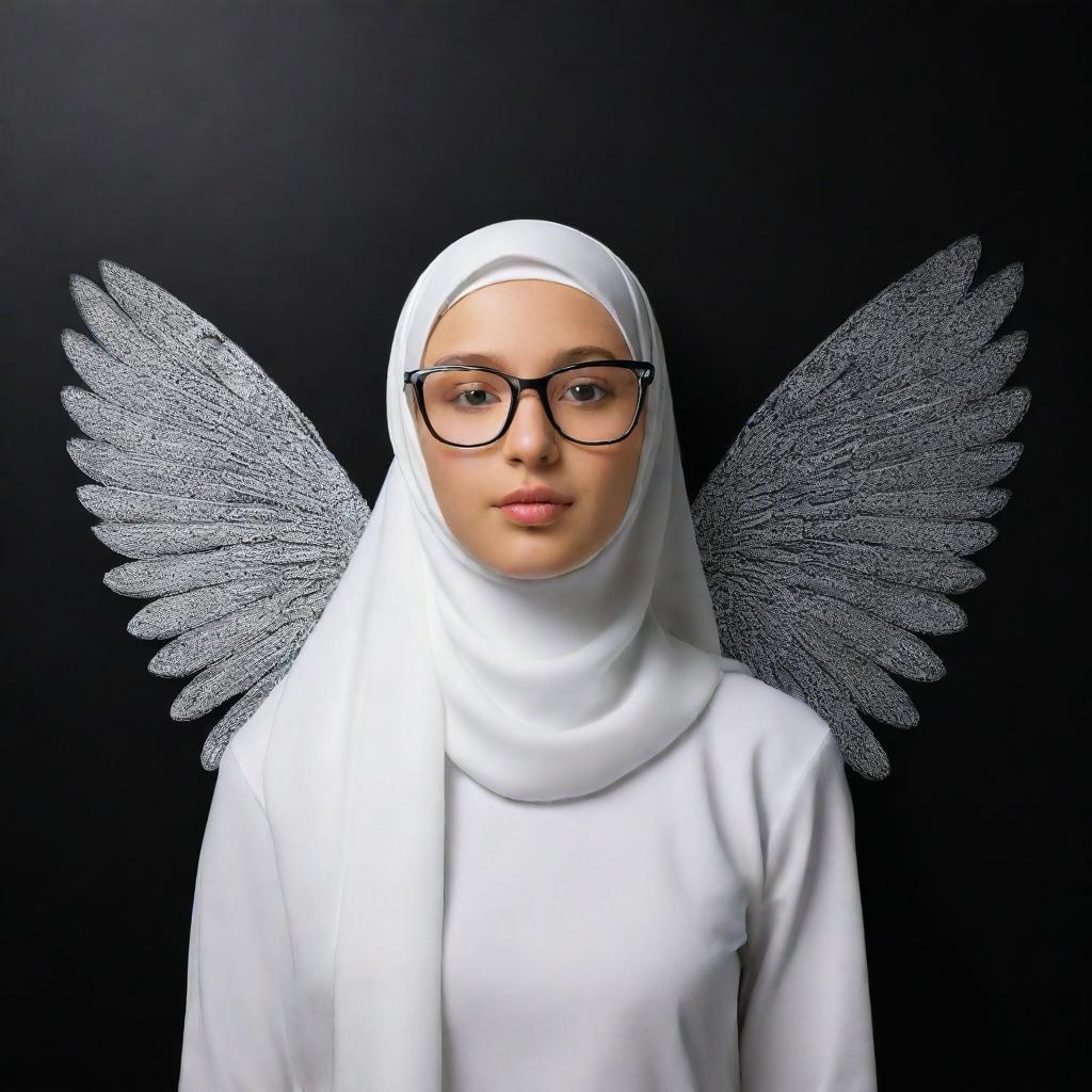 3D illusion of Maria, a cute 19-year-old girl with angelic wings, wearing a hijab and glasses. Her name is distinctively etched on a black wall while she is interacting with a black screen, presented in a fascinating, vivid style.