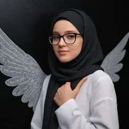 3D illusion of Maria, a cute 19-year-old girl with angelic wings, wearing a hijab and glasses. Her name is distinctively etched on a black wall while she is interacting with a black screen, presented in a fascinating, vivid style.