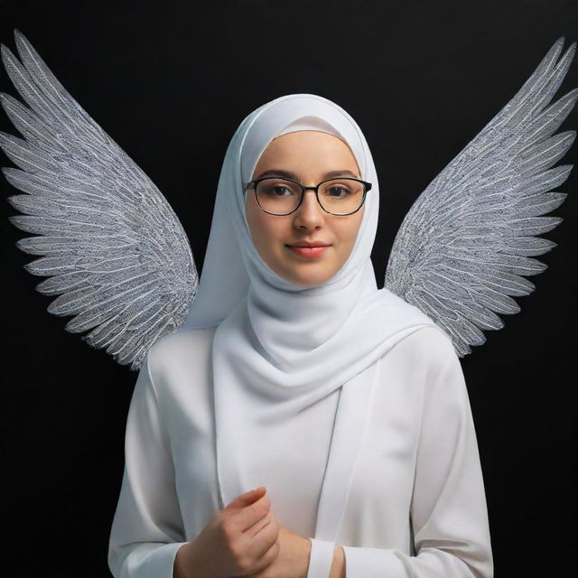 3D illusion of Maria, a cute 19-year-old girl with angelic wings, wearing a hijab and glasses. Her name is distinctively etched on a black wall while she is interacting with a black screen, presented in a fascinating, vivid style.