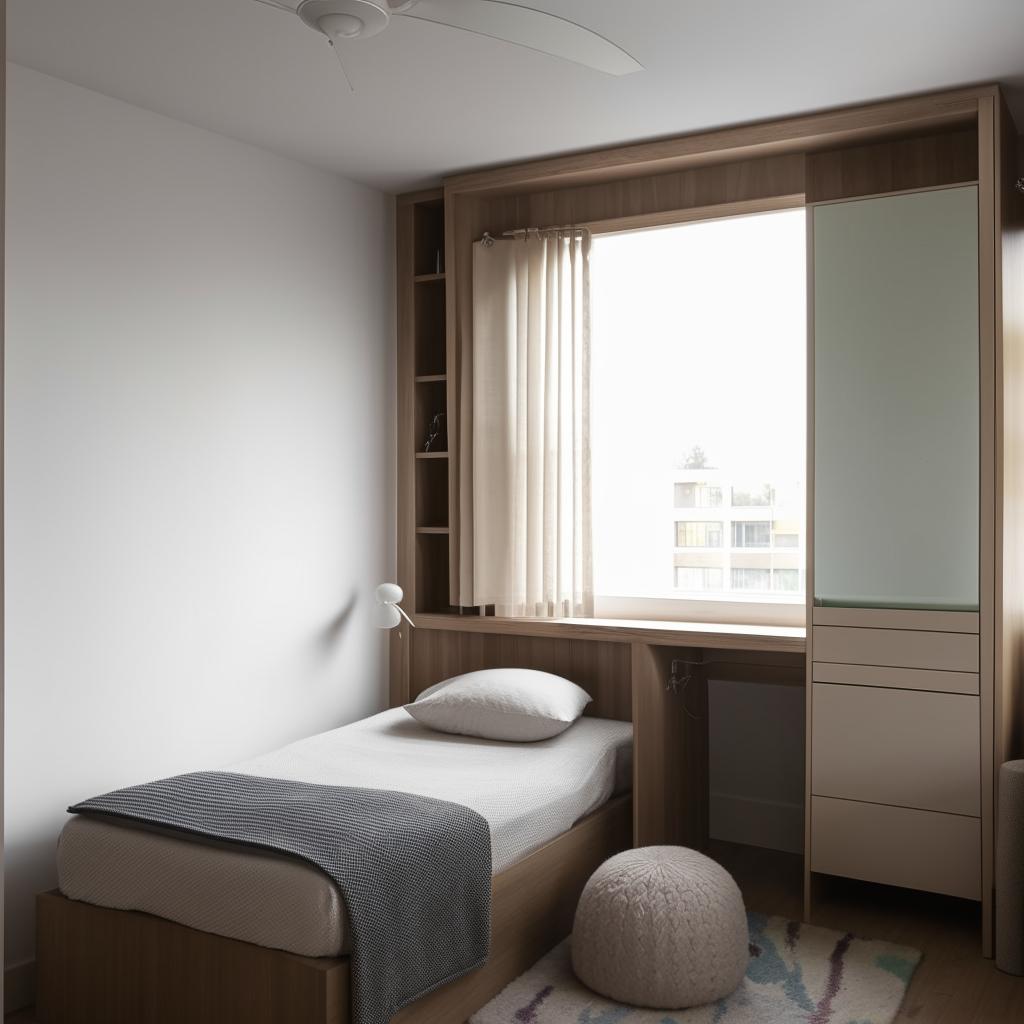 A room with window sitting area and study area and cupboard for clothes and books,vertical mirror,single bed