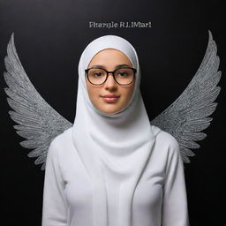 3D illusion of Maria, a cute 19-year-old girl with angelic wings, wearing a hijab and glasses. Her name is distinctively etched on a black wall while she is interacting with a black screen, presented in a fascinating, vivid style.