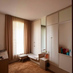 A room with window sitting area and study area and cupboard for clothes and books,vertical mirror,single bed