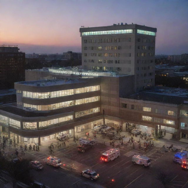 An uptown busy hospital brightly lit, with people coming in and out, ambulances in the front, and a helipad on the rooftop