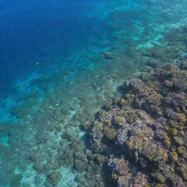 Aerial view of a vibrant coral reef teeming with colorful fish and sea turtles.