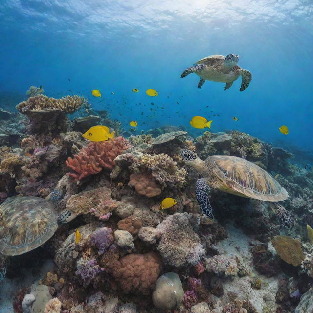 Image of a vibrant coral reef inhabited by sea turtles and colorful fish.