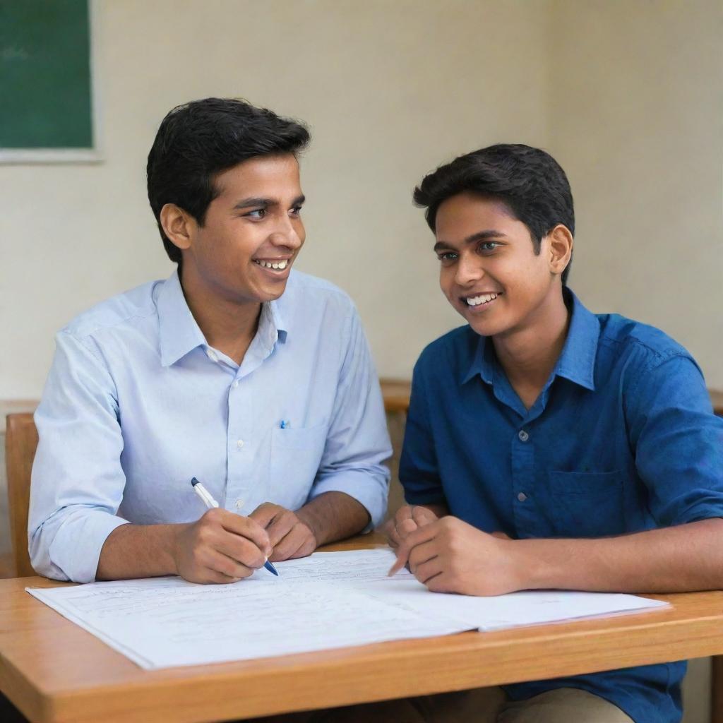 Illustrate Raj, an enthusiastic student, animatedly discussing an academic topic with his older, kind-hearted mentor, both seated comfortably in a peaceful environment. Capture the shared passion for learning and the strong emotional bond.