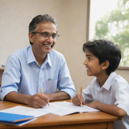 Illustrate Raj, an enthusiastic student, animatedly discussing an academic topic with his older, kind-hearted mentor, both seated comfortably in a peaceful environment. Capture the shared passion for learning and the strong emotional bond.