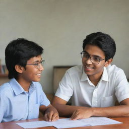 Illustrate Raj, an enthusiastic student, animatedly discussing an academic topic with his older, kind-hearted mentor, both seated comfortably in a peaceful environment. Capture the shared passion for learning and the strong emotional bond.