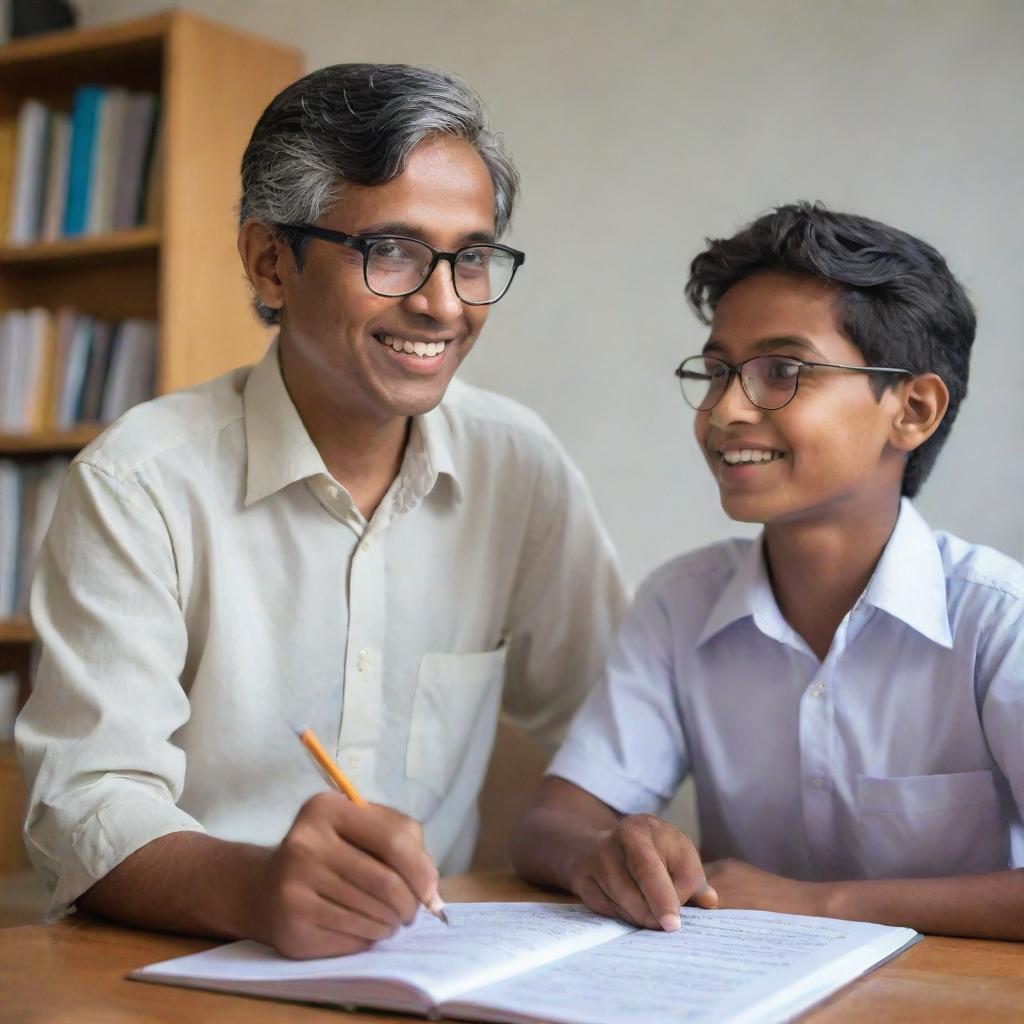 Illustrate Raj, an enthusiastic student, animatedly discussing an academic topic with his older, kind-hearted mentor, both seated comfortably in a peaceful environment. Capture the shared passion for learning and the strong emotional bond.