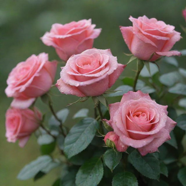 An elegant bunch of blooming roses, accentuated by rich greens and fresh dew drops, set in a soft light setting