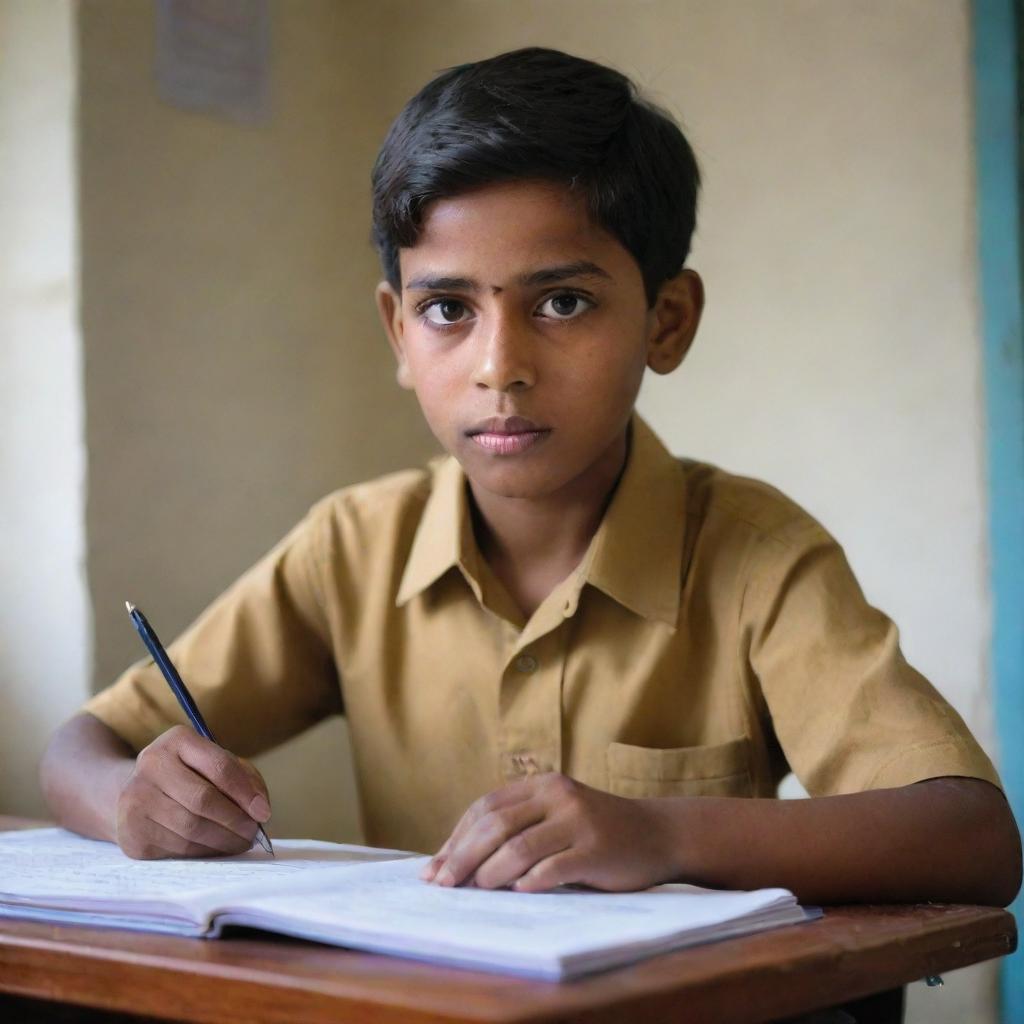 A diligent boy named Raj working various after-school jobs while devotedly studying at a modest home setting, conveying the challenges and determination in his facial expression and body gestures.