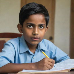 A diligent boy named Raj working various after-school jobs while devotedly studying at a modest home setting, conveying the challenges and determination in his facial expression and body gestures.