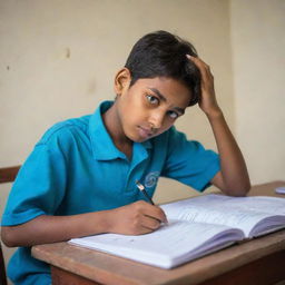 A diligent boy named Raj working various after-school jobs while devotedly studying at a modest home setting, conveying the challenges and determination in his facial expression and body gestures.