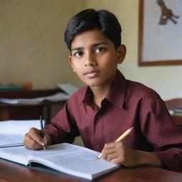 A diligent boy named Raj working various after-school jobs while devotedly studying at a modest home setting, conveying the challenges and determination in his facial expression and body gestures.