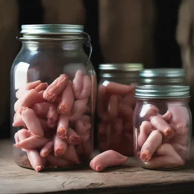 The eerie old house was filled with jars filled with pickled pigs' feet, giving the place a sinister atmosphere.