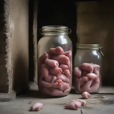The eerie old house was filled with jars filled with pickled pigs' feet, giving the place a sinister atmosphere.