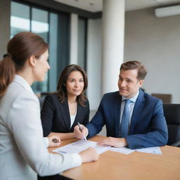 A husband and wife in semi-formal clothing, engaging in a discussion with a professional bank representative inside a modern bank environment. They're seated while reviewing loan documents together.