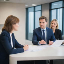 A husband and wife in semi-formal clothing, engaging in a discussion with a professional bank representative inside a modern bank environment. They're seated while reviewing loan documents together.