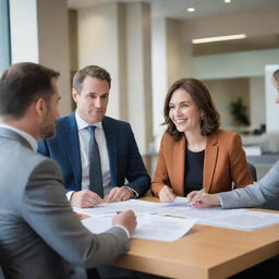 A husband and wife in semi-formal clothing, engaging in a discussion with a professional bank representative inside a modern bank environment. They're seated while reviewing loan documents together.