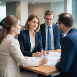 A husband and wife in semi-formal clothing, engaging in a discussion with a professional bank representative inside a modern bank environment. They're seated while reviewing loan documents together.