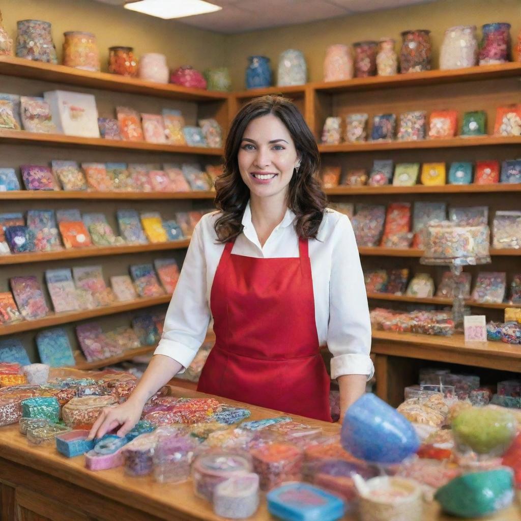 A professional woman serving as a sales representative in a bustling gift shop full of colorful, intriguing knick-knacks