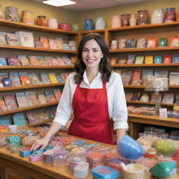 A professional woman serving as a sales representative in a bustling gift shop full of colorful, intriguing knick-knacks