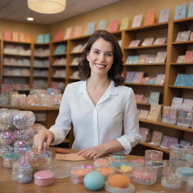 A professional woman serving as a sales representative in a bustling gift shop full of colorful, intriguing knick-knacks