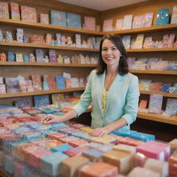 A professional woman serving as a sales representative in a bustling gift shop full of colorful, intriguing knick-knacks