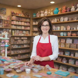 A professional woman serving as a sales representative in a bustling gift shop full of colorful, intriguing knick-knacks