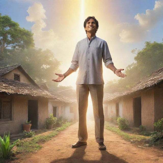 An artwork showing Raj standing in an empowering stance in the middle of a flourishing village, with rays of inspiration spreading from him towards the future generations shown learning, building and prospering.