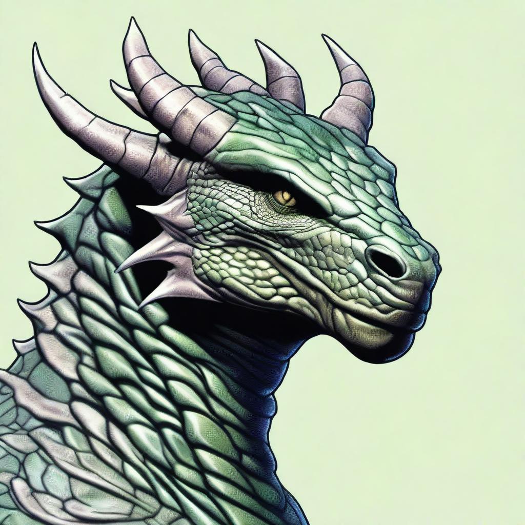 An illustration of a dragonborn's face in a frontal perspective