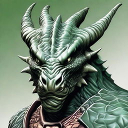 An illustration of a dragonborn's face in a frontal perspective