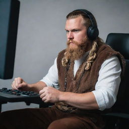 A viking in full traditional attire, immersed in playing a modern video game. He is sitting in a gamer's chair, holding a controller and having a headset on. His face shows intense concentration.