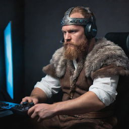 A viking in full traditional attire, immersed in playing a modern video game. He is sitting in a gamer's chair, holding a controller and having a headset on. His face shows intense concentration.