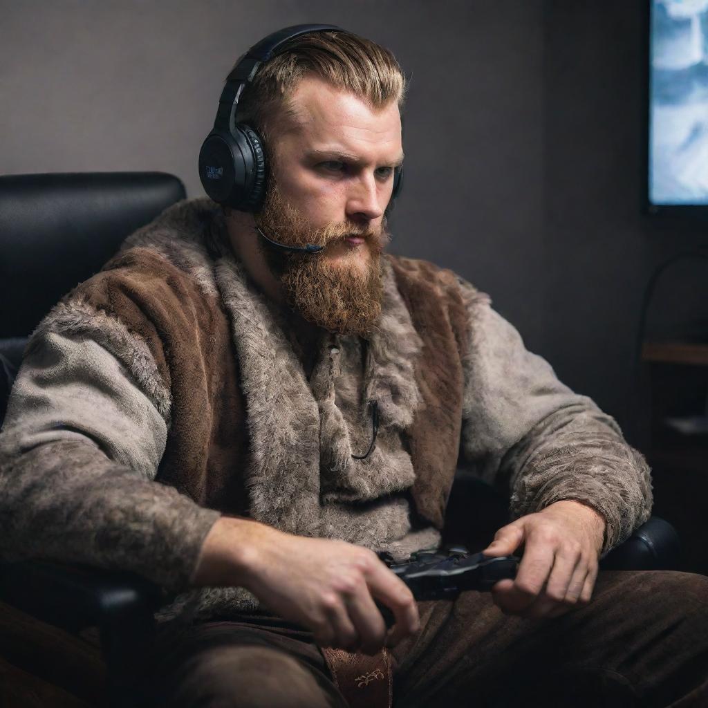 A viking in full traditional attire, immersed in playing a modern video game. He is sitting in a gamer's chair, holding a controller and having a headset on. His face shows intense concentration.