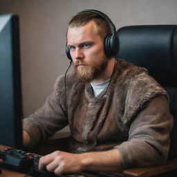 A viking in full traditional attire, immersed in playing a modern video game. He is sitting in a gamer's chair, holding a controller and having a headset on. His face shows intense concentration.