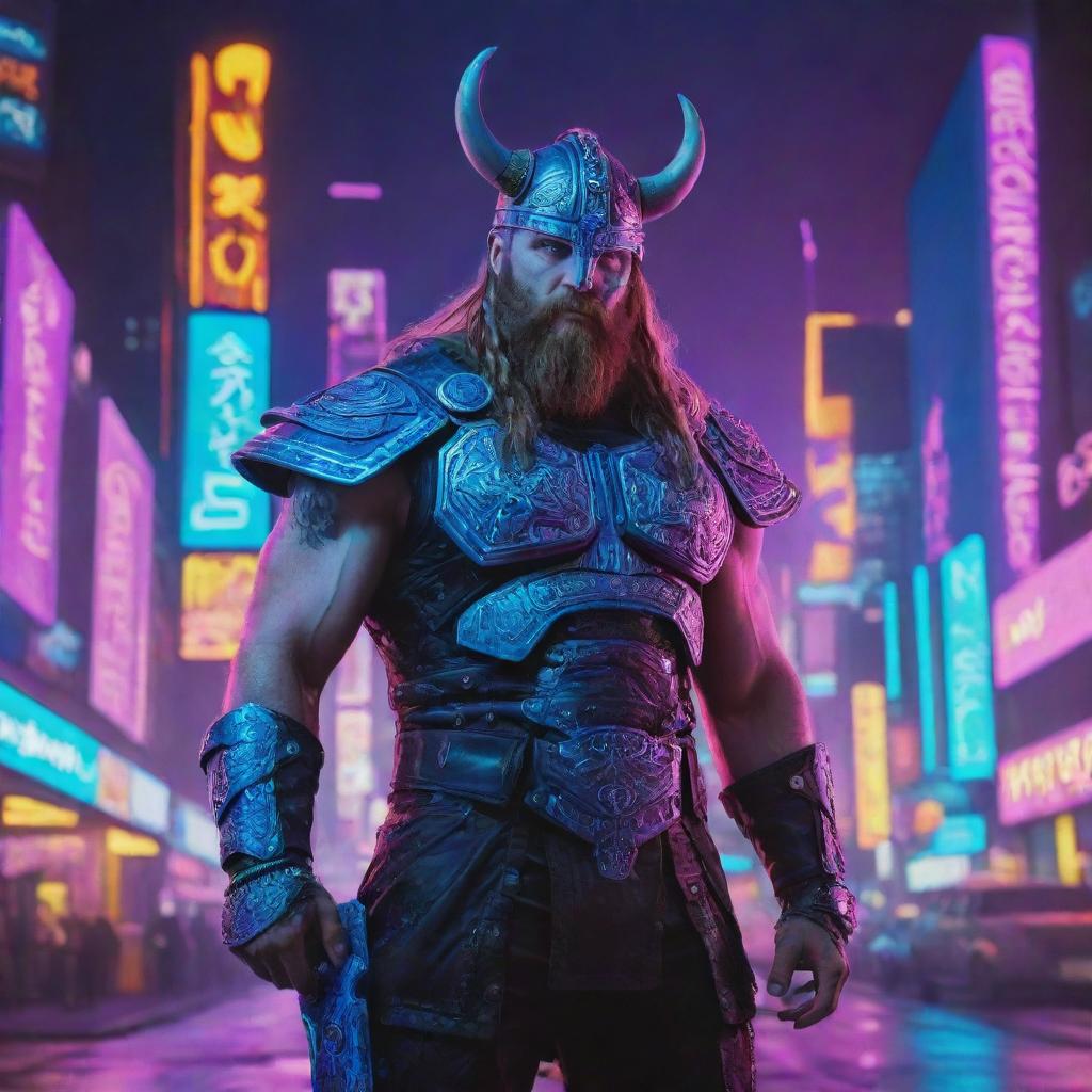 A painting in vibrant neon colors depicting a cyberpunk Viking. He is donned in futuristic Viking armor, standing against a background of neon-lit futuristic cityscape.