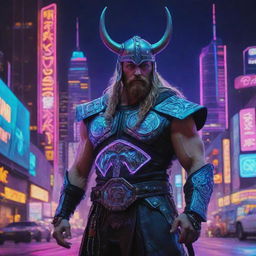 A painting in vibrant neon colors depicting a cyberpunk Viking. He is donned in futuristic Viking armor, standing against a background of neon-lit futuristic cityscape.