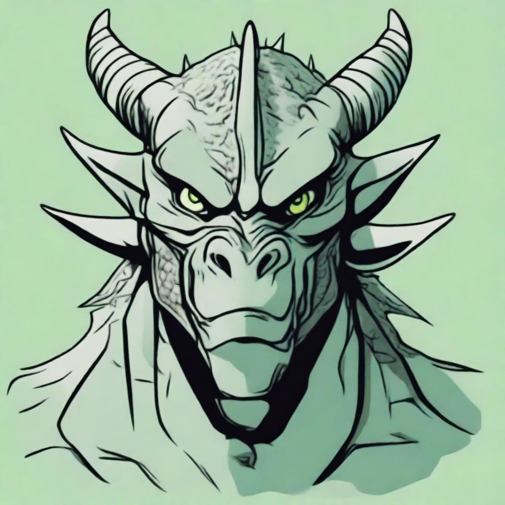 An illustration of a dragonborn's face in a frontal perspective